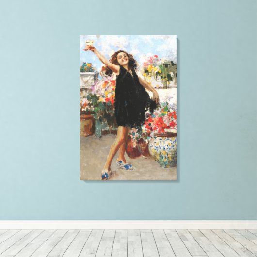 Mooie Italiaanse jonge vrouw viert overwinning Canvas Afdruk (Insitu (Houten vloer))