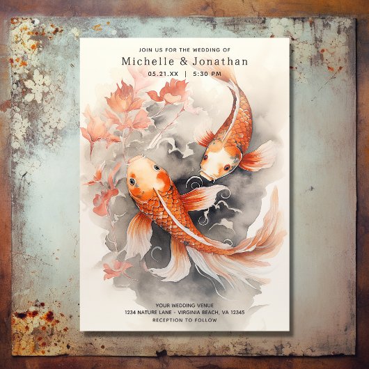 Mooie japans koi vis Sinaasappel beige bruiloft Kaart