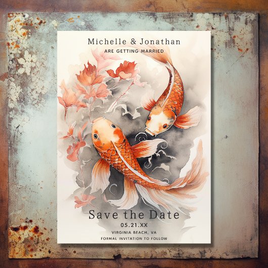Mooie japans koi vis Sinaasappel beige bruiloft Save The Date