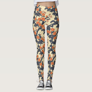 Mooie Japanse bloempatroon blauw beige Leggings