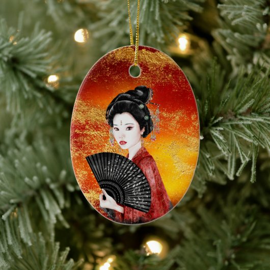 Mooie Japanse Geisha Gold, rode kerst Keramisch Ornament (Boom)