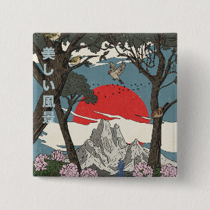 Mooie Japanse Landschap Vierkante Button 5,1 Cm