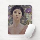 Mooie Japanse Vrouw en Morning Glory Bloemen Muismat (Met muis)