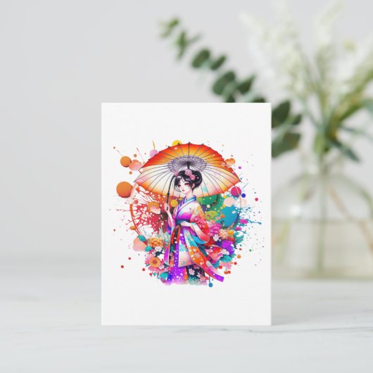 Mooie Japanse Vrouw in Kimono Parasol Briefkaart (Staand voorkant)