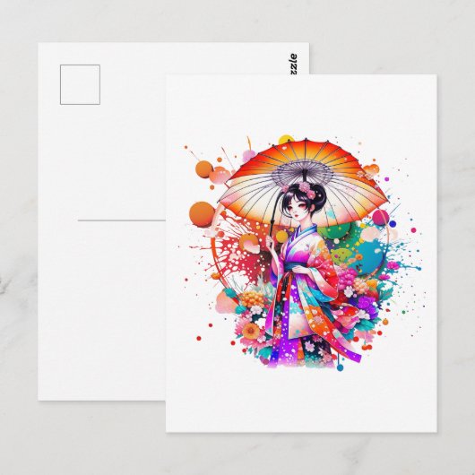 Mooie Japanse Vrouw in Kimono Parasol Briefkaart (Voorkant / Achterkant)