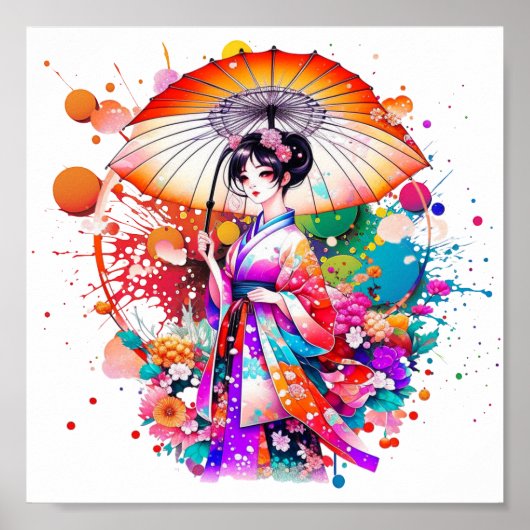 Mooie Japanse Vrouw in Kimono Parasol Poster (Voorkant)