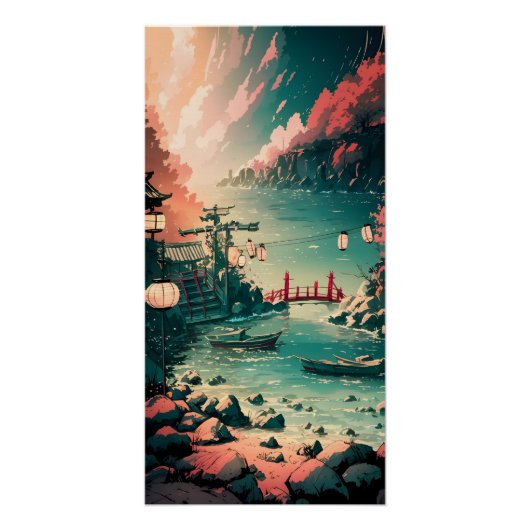 Mooie japanse Waterverf haven scène Perfect Poster (Voorkant)