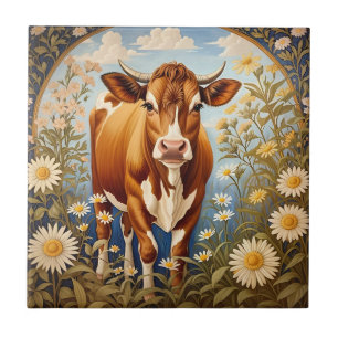 Mooie Jersey Koe in Daisy veld Vintage Tegeltje