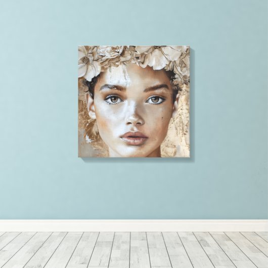 Mooie Jonge Mode Model Bloemenportretkunst Canvas Afdruk (Insitu (Houten vloer))