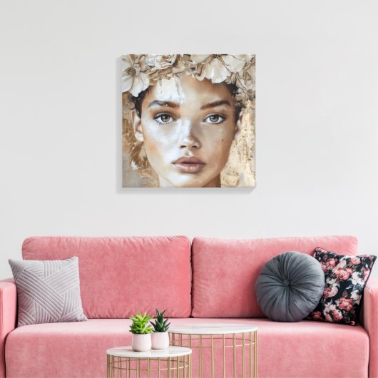 Mooie Jonge Mode Model Bloemenportretkunst Canvas Afdruk (Insitu (Woonkamer))