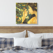 Mooie jonge vrouw met vlucht van vlinders canvas afdruk (Insitu (Slaapkamer))