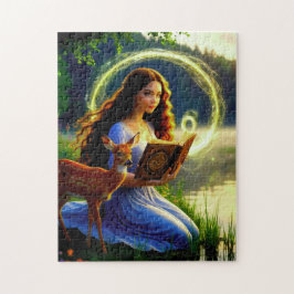 Mooie jonge vrouw zit met herten en leest legpuzzel