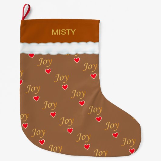 Mooie Joy Hartpatroon op Bruin Grote Kerstsok (Voorkant)