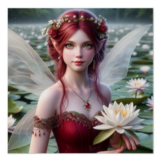 Mooie juli Fairy in Water Lelies Perfect Poster (Voorkant)