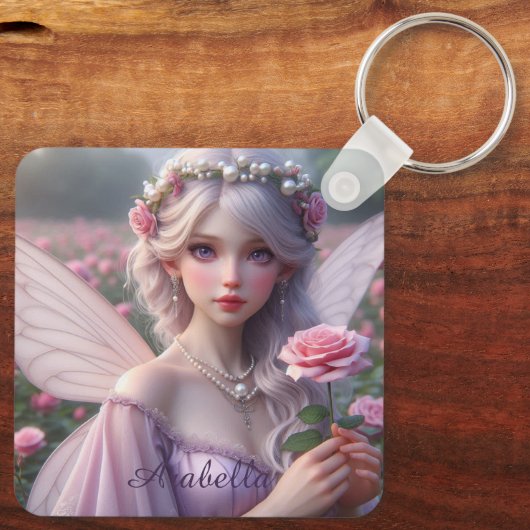 Mooie June Fairy in Roos Sleutelhanger (Achterkant)
