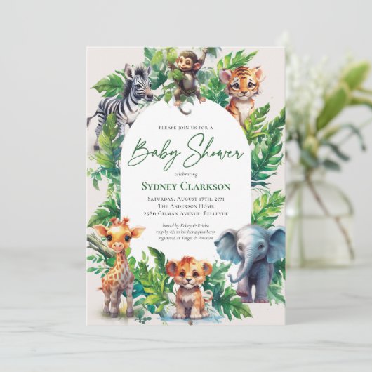 Mooie Jungle Safari Tropische Dieren Baby Shower Kaart (Staand voorkant)