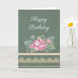 Mooie jute kant en roze bloem verjaardag kaart