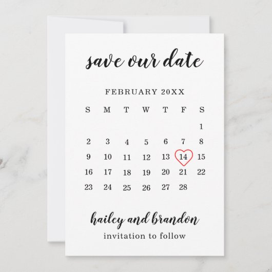 Mooie kalender Rode Hart Moderne Huwelijk Save The Date (Voorkant)