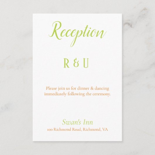 Mooie kalkgroene, Oranje en witte receptie Informatiekaartje (Voorkant)