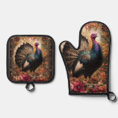 Mooie kalkoen bloemontwerp ovenwant & pannenlap set (Voorkant)