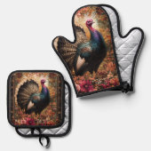 Mooie kalkoen bloemontwerp ovenwant & pannenlap set (Voorkant / Achterkant)
