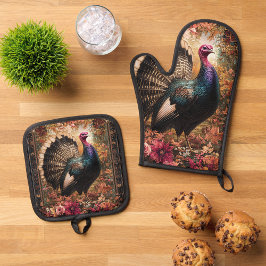 Mooie kalkoen bloemontwerp ovenwant & pannenlap set