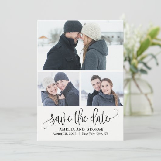 Mooie kalligrafie 3 foto's Sla de datum Kaart (Staand voorkant)