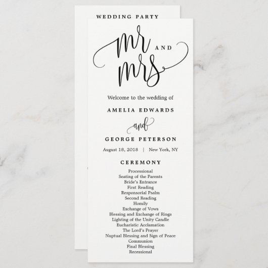 Mooie kalligrafie bruiloft ceremonie programma programmakaart (Voorkant / Achterkant)