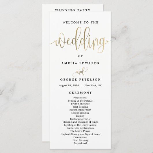 Mooie kalligrafie bruiloft programma Faux Gold Programmakaart (Voorkant / Achterkant)