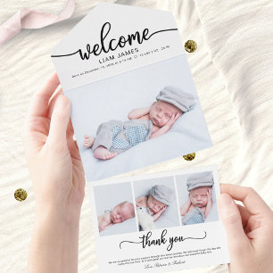 Mooie kalligrafie foto geboorteaankondigingskaarte all in one uitnodiging