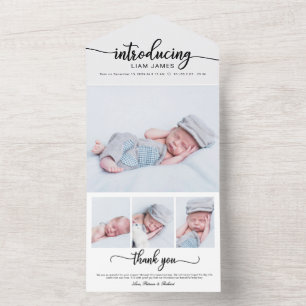 Mooie kalligrafie foto geboorteaankondigingskaarte all in one uitnodiging