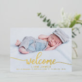 Mooie kalligrafie foto geboorteaankondigingskaarte folie uitnodiging (Staand Voorkant)