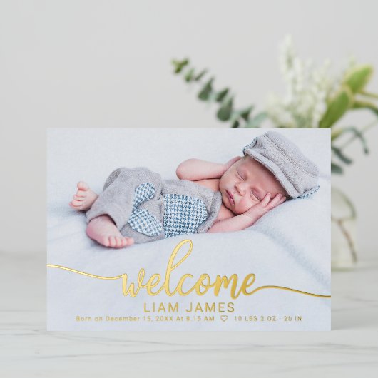 Mooie kalligrafie foto geboorteaankondigingskaarte folie uitnodiging (Staand Voorkant)