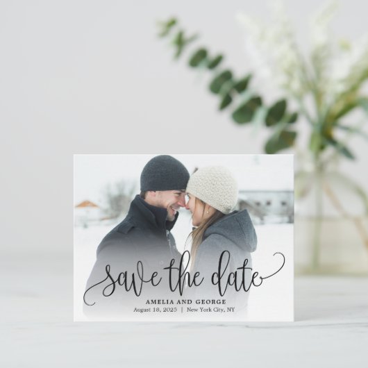 Mooie kalligrafie foto Save the Date Briefkaart (Staand voorkant)