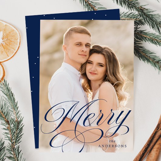 Mooie kalligrafie Navy Script Overlay Foto Feestdagenkaart