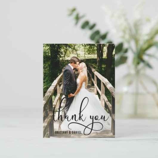 Mooie kalligrafie script bedankt bruiloft briefkaart (Staand voorkant)