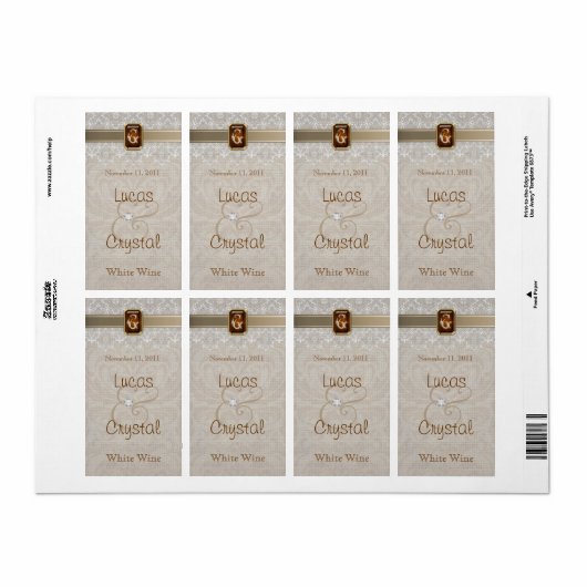 Mooie Kant & Burlap Chique Bruiloft Wijn Label (Full Sheet)