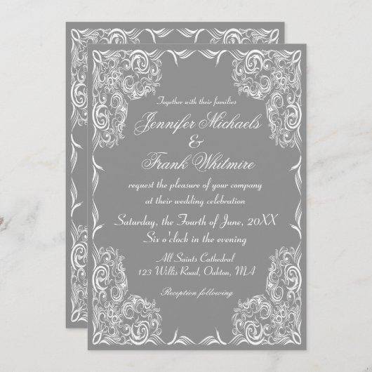 Mooie kant Lijst grijs bruiloft Kaart (Voorkant / Achterkant)