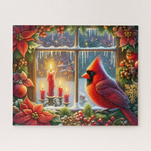 Mooie Kardinaal Kerst Ramen Legpuzzel (Horizontaal)