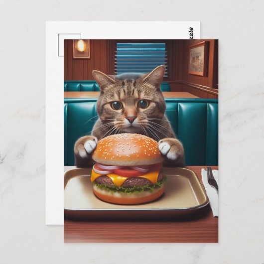 Mooie kat bij een diner met een cheeseburger briefkaart (Voorkant / Achterkant)