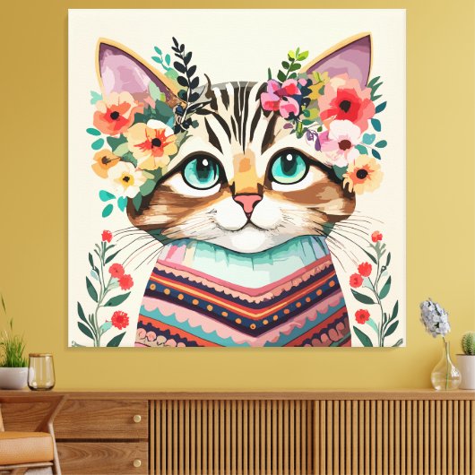 Mooie kat bloem waterverf  canvas afdruk (Insitu (Woonkamer))