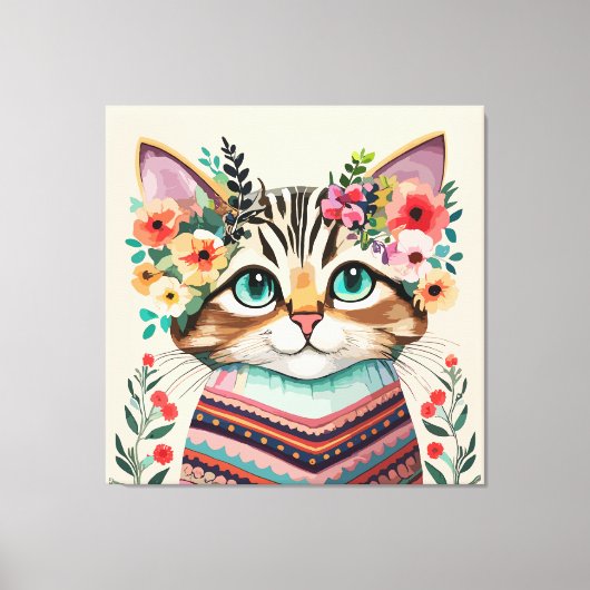 Mooie Kat Bloemrijke Waterverf Canvas Afdruk (Voorkant)