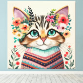Mooie Kat Bloemrijke Waterverf Canvas Afdruk (Insitu (Houten vloer))