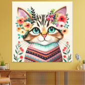 Mooie Kat Bloemrijke Waterverf Canvas Afdruk (Insitu (Woonkamer))