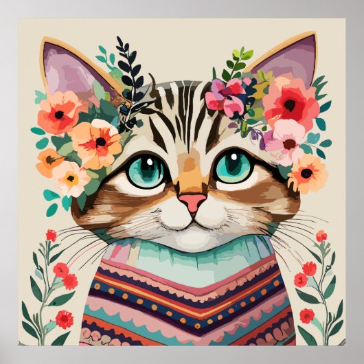 Mooie Kat Bloemrijke Waterverf Poster (Voorkant)