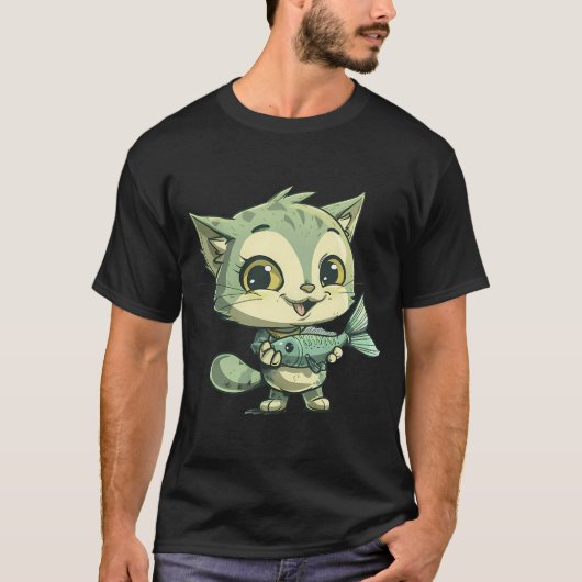 mooie Kat Die Vis Vasthoudt T-shirt (Voorkant)