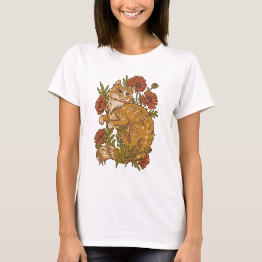 Mooie kat en papaverbloemen T-shirt (Voorkant)