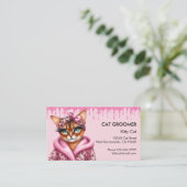 Mooie kat groomer sitter roze glitter druppelen visitekaartje (Staand voorkant)