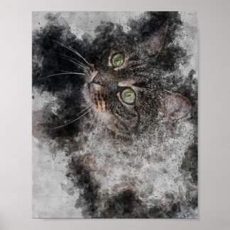 Mooie kat grote groene ogen waterverf schilderij poster