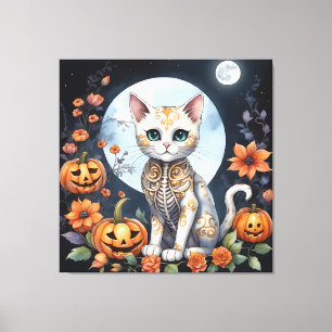 Mooie kat Halloween Bloemmaan - Whimsical Canvas Afdruk